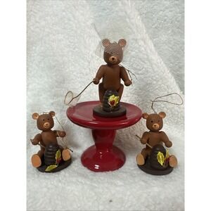 Vintage WOODEN BEAR LOT WITH BEE HIVE 2.75" Christmas ORNAMENT LOT OF 3 🐝